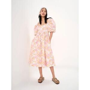 For Love & Lemons NWT Carrie Pink Floral Corset Midi Dress Puff Sleeves size XS